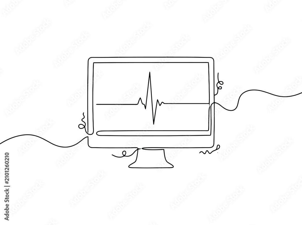 Obraz premium Computer monitor displays heart beat oscilloscope waveform with continuous line art style