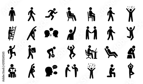 Diverse human stick figures illustrating activities poses and accessibility