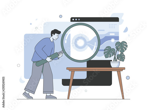 A man examines data on a screen with a magnifying glass while a plant sits nearby