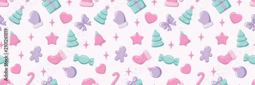 Pastel winter holiday seamless pattern featuring flat vector illustration of gingerbread cookie, xmas tree, gift box and star sparkle for greeting cards and packaging