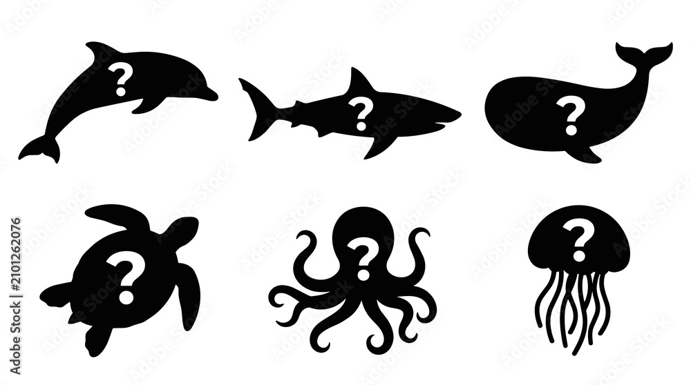 Fototapeta premium Silhouette collection of marine life with question marks, ocean creatures set, dolphin, shark, whale, turtle, octopus, jellyfish icons, simple