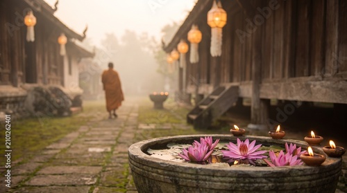 Serene Buddhist temple scene with monk walking and lotus flowers