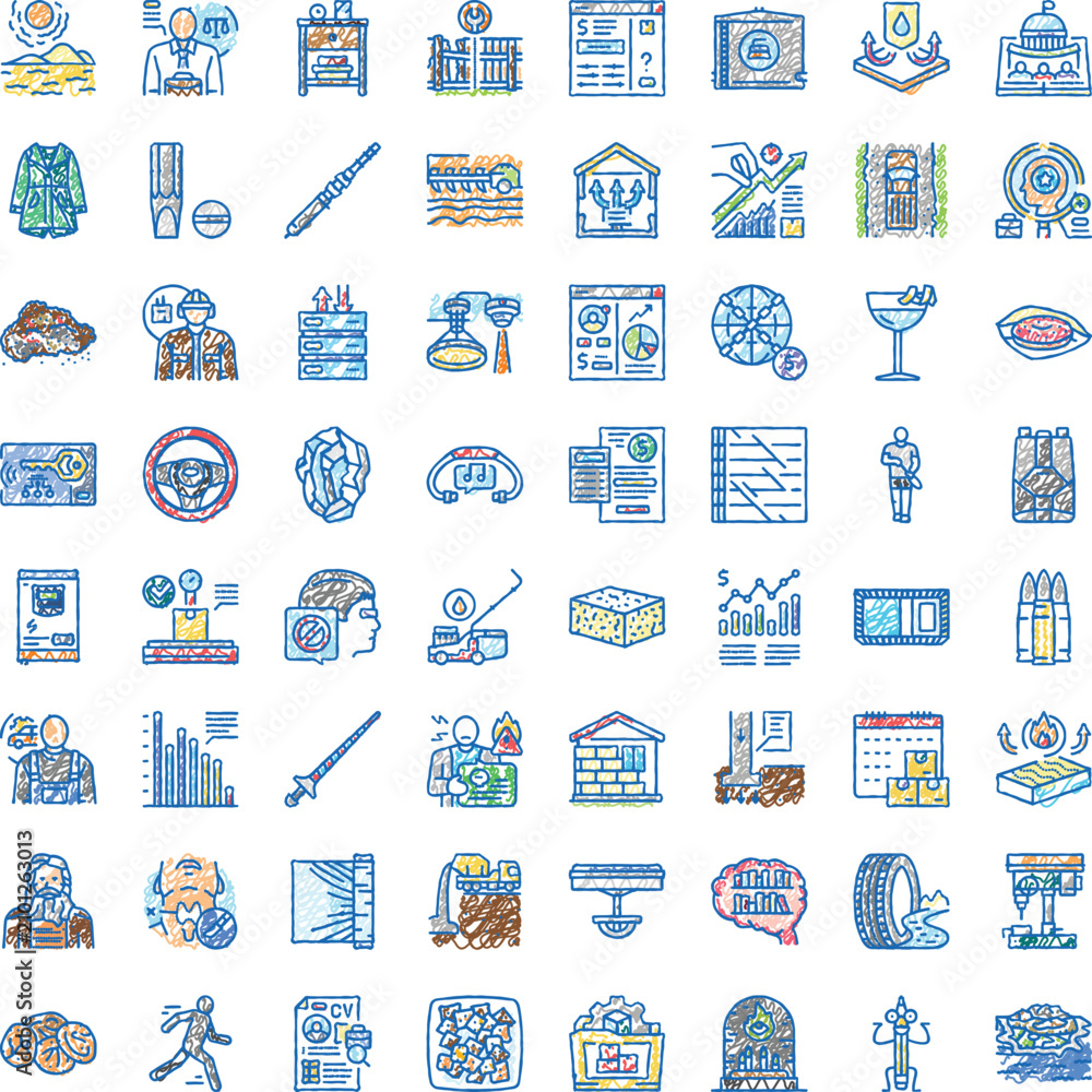 Fototapeta premium Collection of hand drawn icons illustrating diverse concepts including technology, finance, law, nature, construction, education, health, and transport