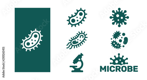 Fotografía Minimal monochrome dark teal microbe icon set featuring virus, bacterium, cilia, and microscope graphics