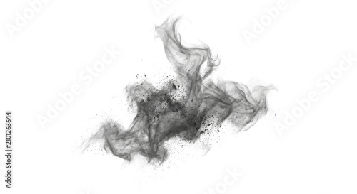 Foto Dynamic dark smoke cloud with particles exploding outwards on white background