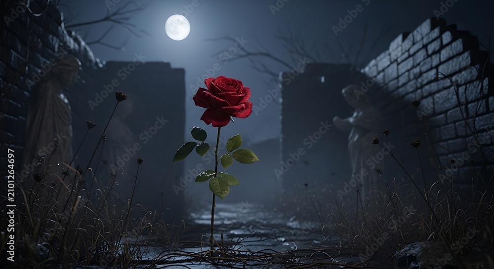 Obraz premium Red rose blooming in dark gothic ruins under a full moon.