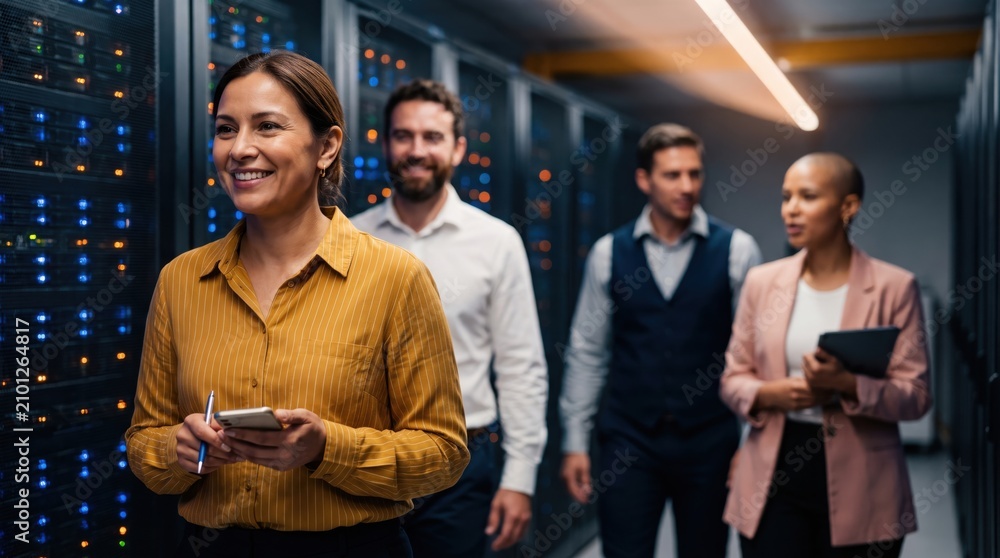 Obraz premium Diverse Team of IT Professionals Walking Through a Modern Data Center Corridor.