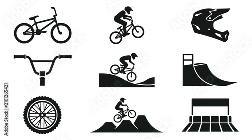 Bicycle BMX Bike Rider Silhouette Icons.