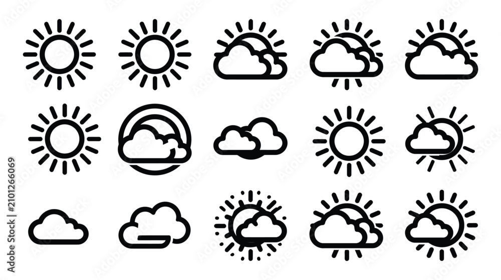 Fototapeta premium Weather icon set showing various cloud sun symbols with forecast