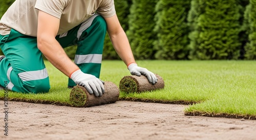 Professional landscaper laying sod rolls. Worker installing new green grass turf in garden.