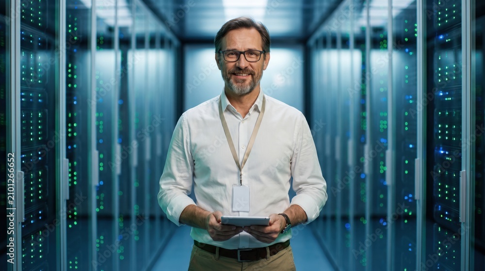 Fototapeta premium Smiling IT Engineer with Tablet Standing in Server Room Data Center.