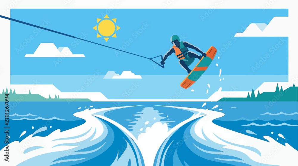 Fototapeta premium An exciting flat design illustration of a wakeboarder mid-air, performing a dynamic trick over a boat's wake, showcasing athleticism and adrenaline. 