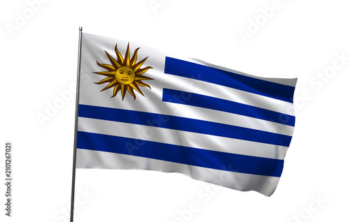 The national flag of Uruguay waving on a pole in the wind outdoors