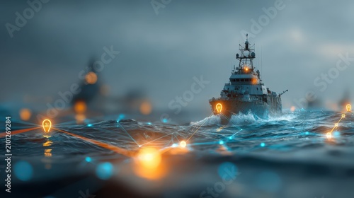 A fleet of warships sails through choppy seas under a stormy sky, illuminated by abstract digital network lines that suggest a futuristic. ..Created with Generative AI, not depicting real subjects.