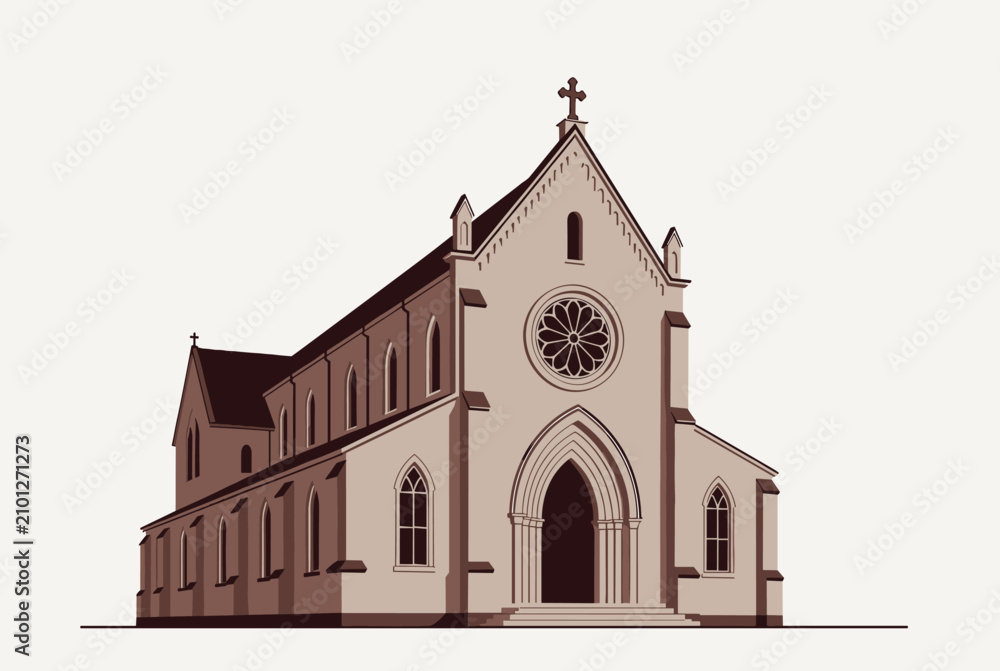 Fototapeta premium Beautiful gothic cathedral church building with intricate architectural details is illustrated in retro vector style.