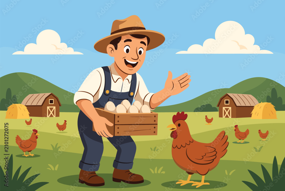Fototapeta premium Cheerful male farmer holds a box of fresh eggs surrounded by happy chickens in a sunny farmyard field.