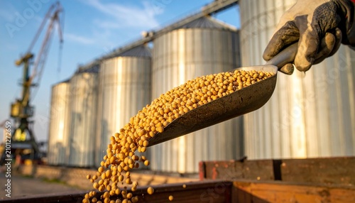 Manual labor worker in protective gloves pouring soy beans from a metal scoop into a grain storage trailer with soybeans