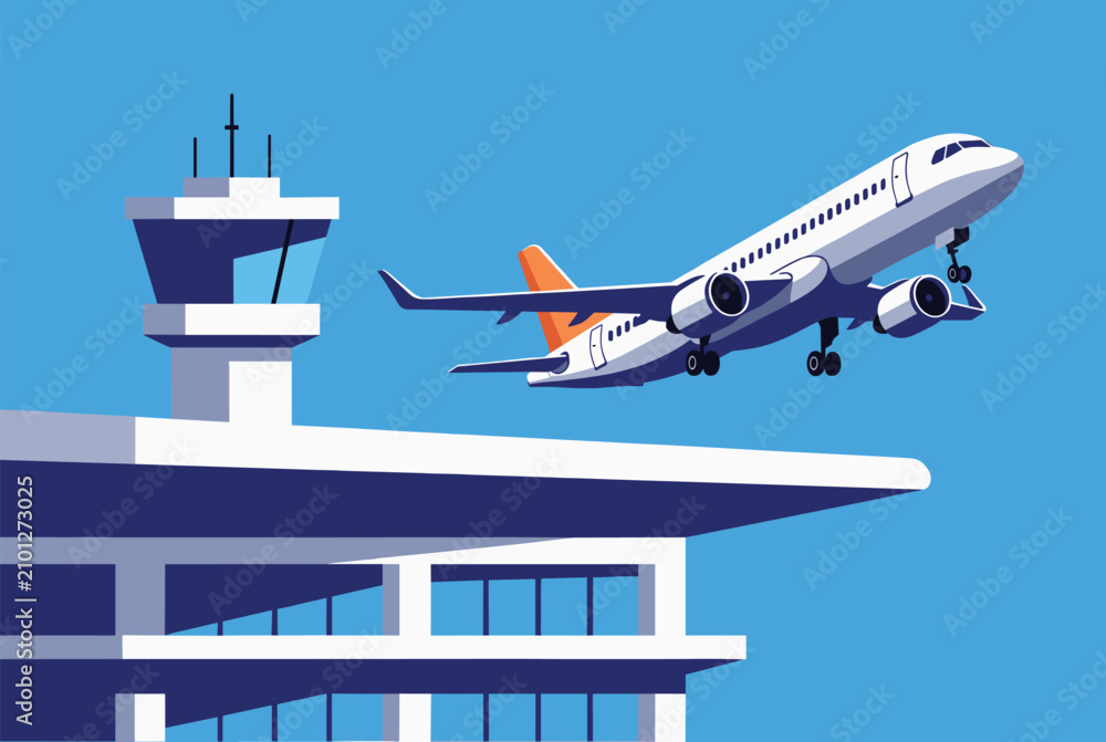 Fototapeta premium Passenger airplane taking off into a clear blue sky over an airport terminal building and control tower in a flat vector style.