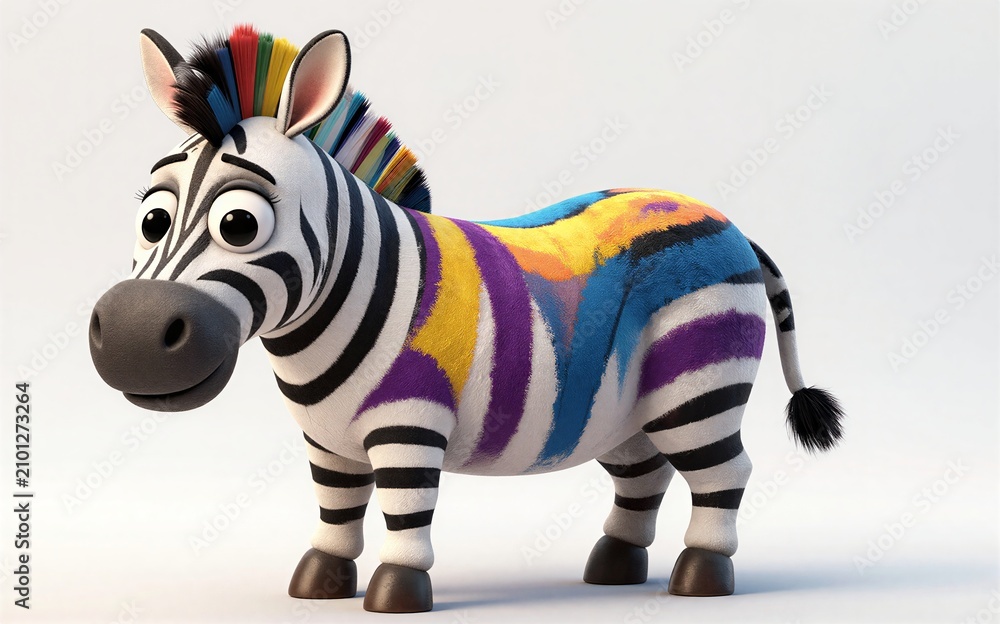 Obraz premium Colorful zebra with rainbow mane, playful expression, vibrant stripes against white background.