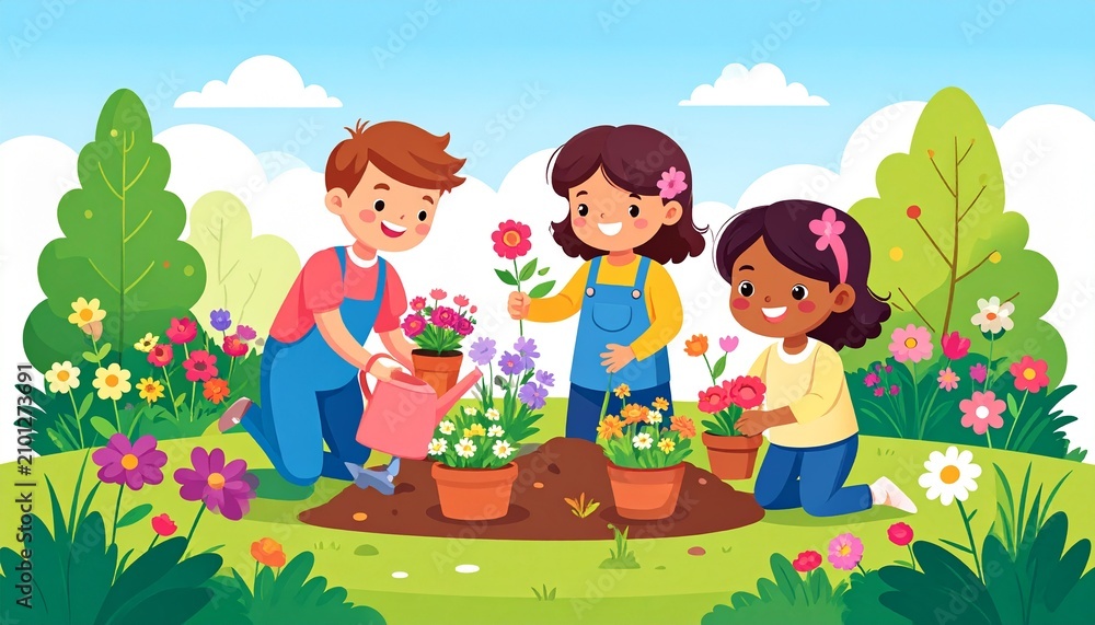 Naklejka premium Four cheerful children gardening together outdoors in summer.