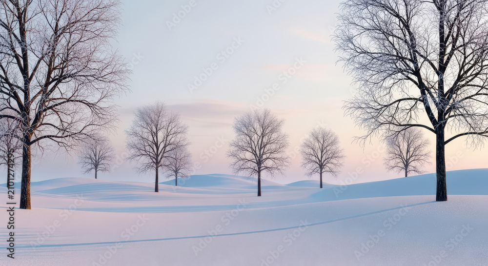 Fototapeta premium Panoramic landscape of snow-covered mountains and barren trees in a peaceful snowfall environment