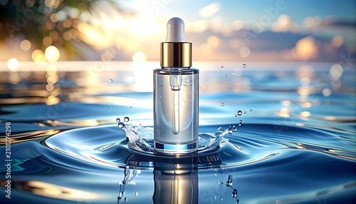 Serum bottle on water surface.