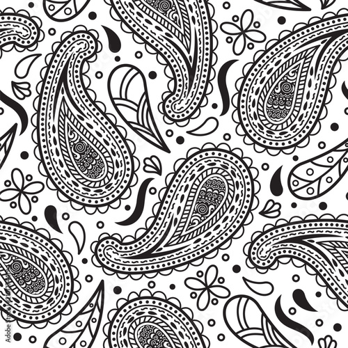 Seamless black and white paisley floral pattern