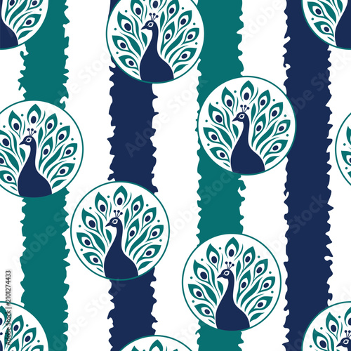 Seamless peacock and textured stripes pattern