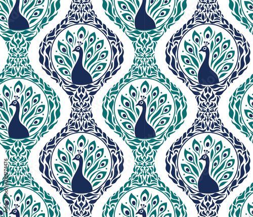 Seamless peacock damask ogee pattern