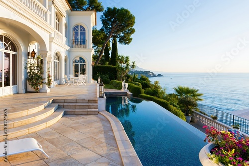 Luxury villa with infinity pool overlooking mediterranean sea panorama, enjoying a summer holiday lifestyle