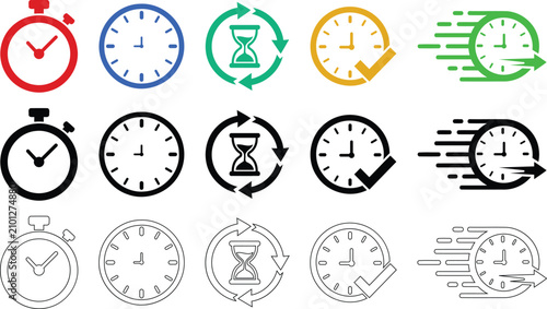 Tableau sur toile Collection of time icons and clocks in color and line art silhouette