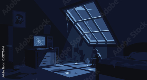 Dark dusty attic bedroom with a sad child silhouette sitting alone on the floor under a moonlit skylight window.