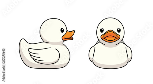 Cute white toy ducks from side and front views isolated on a clean white background for bath time concepts.