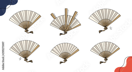 Beautiful classic Asian hand fans decorated in neutral tones shown in different folding angles on white background.