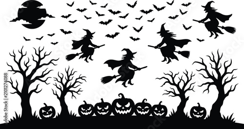 Schilderij op canvas Halloween scene with witches flying on broomsticks and pumpkins silhouette