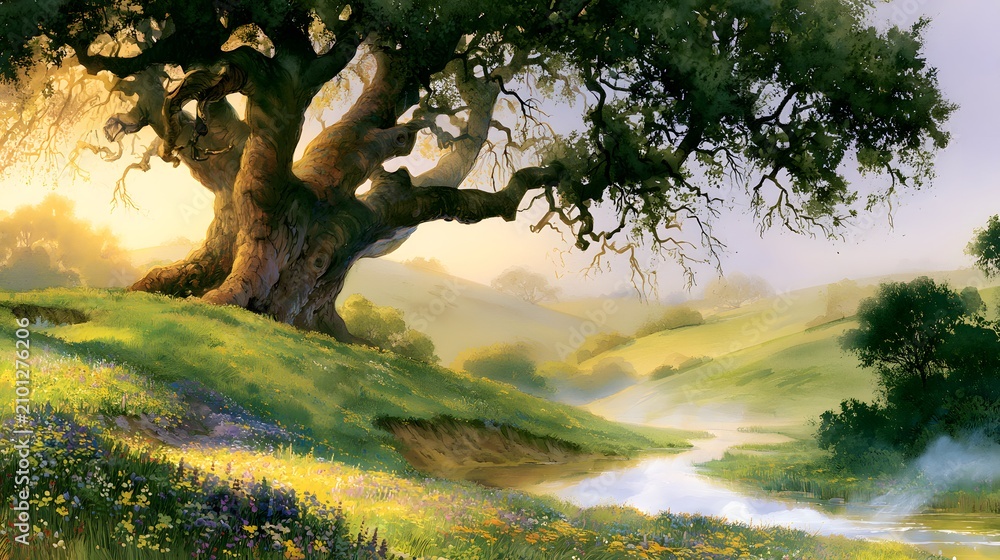 Fototapeta premium Serene watercolor landscape ancient oak tree meadow stream tranquil hills golden hour light evokes peaceful beauty
