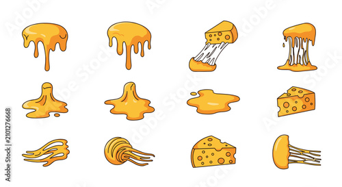 Appetizing melted yellow cheese dripping, stretching, and sliced in various forms, isolated on a clean white background.