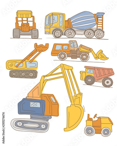 
Hand drawn construction machines and excavators set. Black and white graphic line art vehicle sketch collection. Industrial machinery illustration isolated on white background