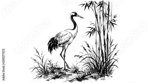 Fotografie Elegant Crane Bird Illustration, Black and White Ink Wash Painting, Bamboo Fores