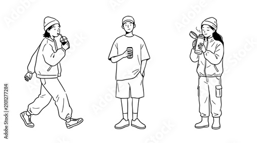 Illustration showcasing characters enjoying beverages in a relaxed social setting, emphasizing casual interaction through minimalist line art style, perfect for contemporary lifestyle themes.
