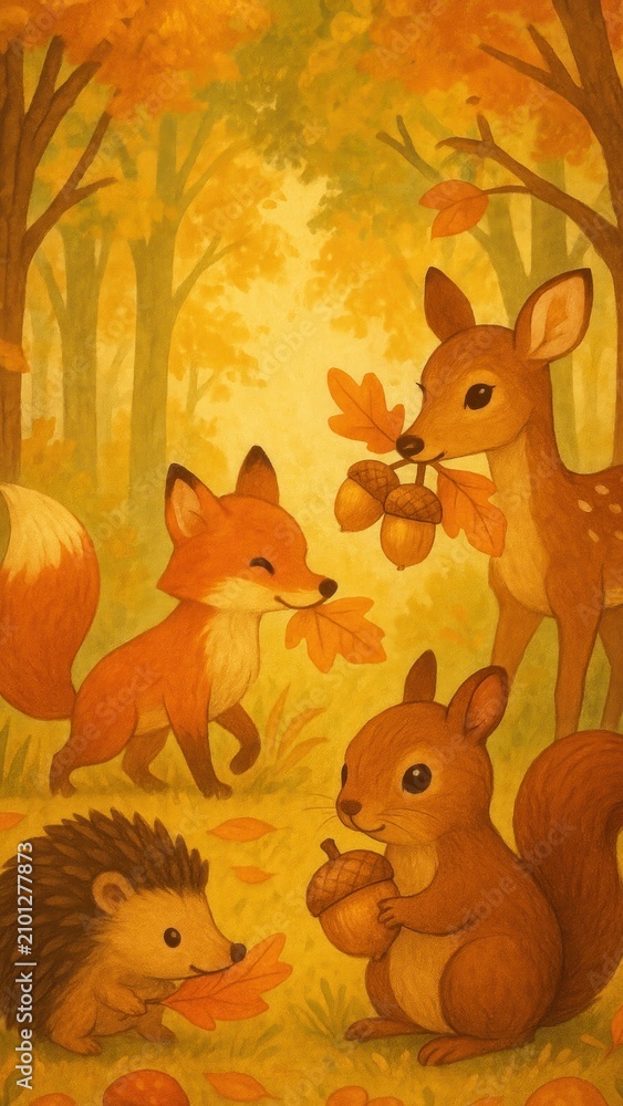 Fototapeta premium Charming woodland creatures in autumn mobile wallpaper