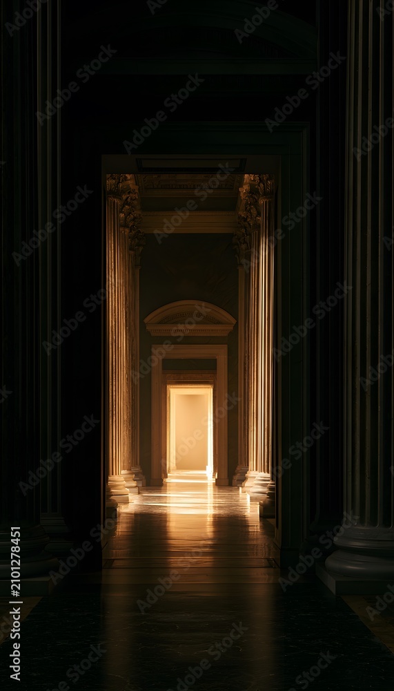 Fototapeta premium Grand neoclassical hallway evokes timeless elegance bathed in warm golden light and polished marble reflections