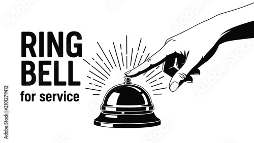 Vintage black and white illustration of a human hand reaching out to press a metal hotel service bell on a white background.