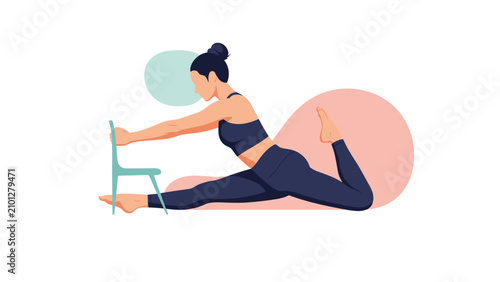 Athletic woman practicing a deep yoga split with the support of a small chair for stability and flexibility training.