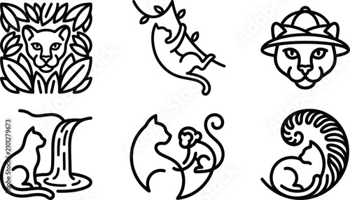 Canvas Print Collection of minimalist line art animal illustrations featuring cats and monkey