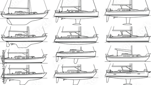 Foto Hand Drawn Sailboat Outline Collection Featuring Sailing Yacht Profiles and Mari