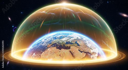 Glowing Planet Earth Covered by Luminous Protective Dome in Outer Space