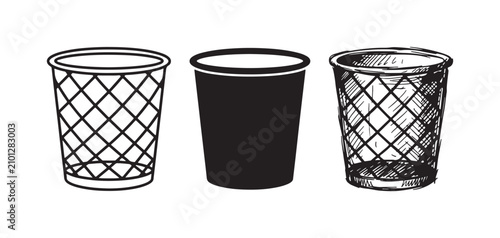 Obraz na płótnie Set of three trash can icons with a criss-cross pattern, depicting an outline, solid black, and hand-drawn sketch style waste container