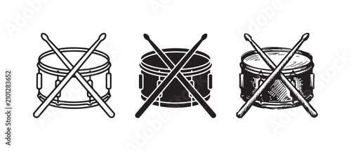Konstfotografi Set of three snare drum and crossed drumsticks illustrations in outline, solid,