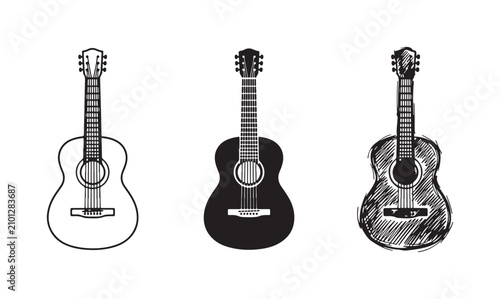 Фотография Acoustic Guitar Icon Set in Outline, Solid, and Hand-Drawn Sketch Styles